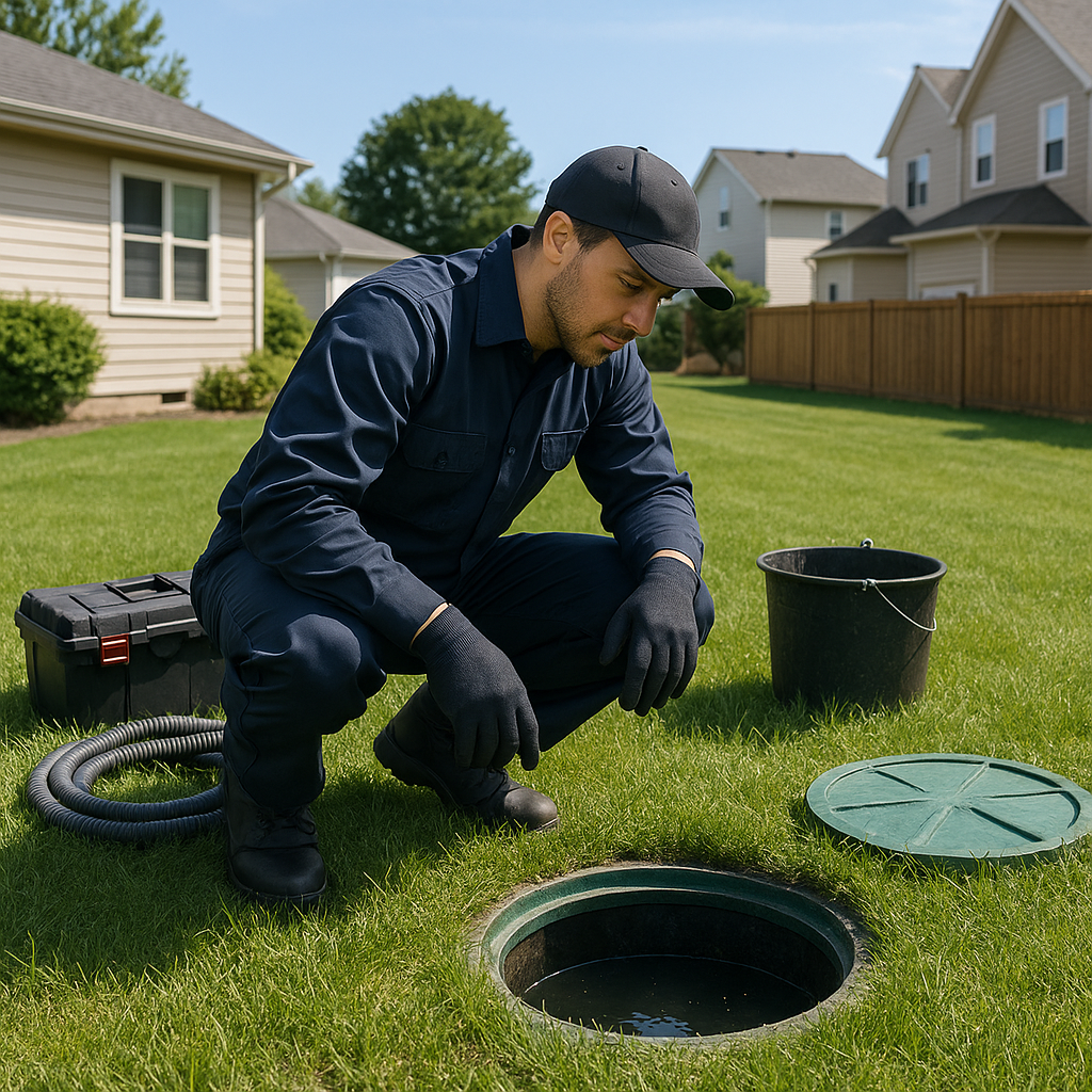 Septic technician inspecting system at a Wilmington home